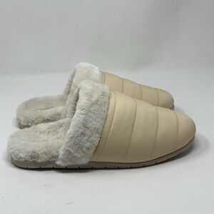 Vionic Josephine Slippers Womens 11 Tan Beige Nylon Quilted Faux Fur Comfort